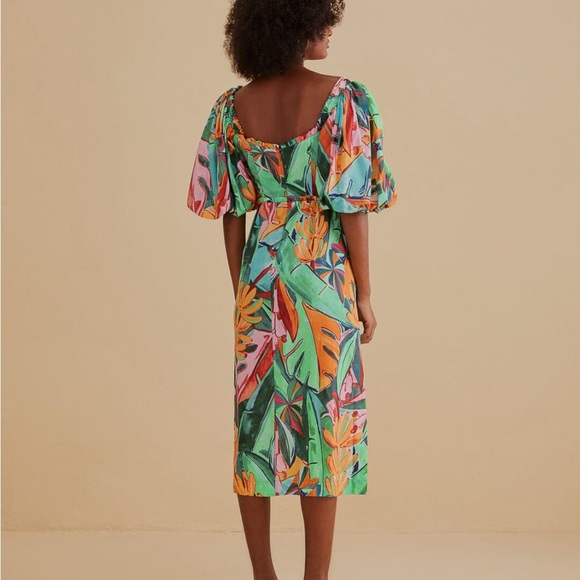 Farm Rio Banana Foliage Multicolor Puff-Sleeve Voile Midi-Dress NWT Size Small - Picture 2 of 14